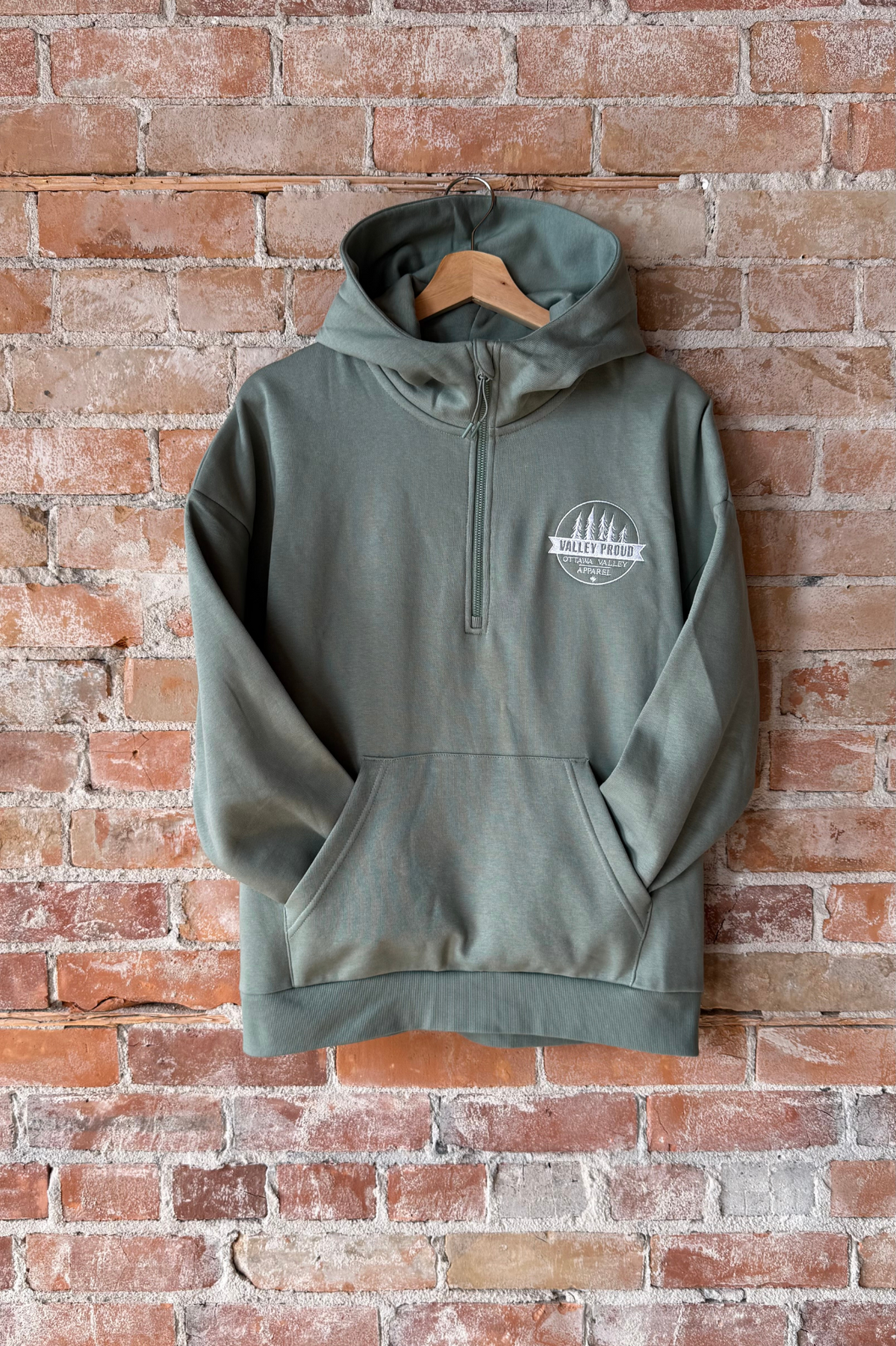 Valley Proud Embroidered 1/2 Zip Hoodie - Dusty Green