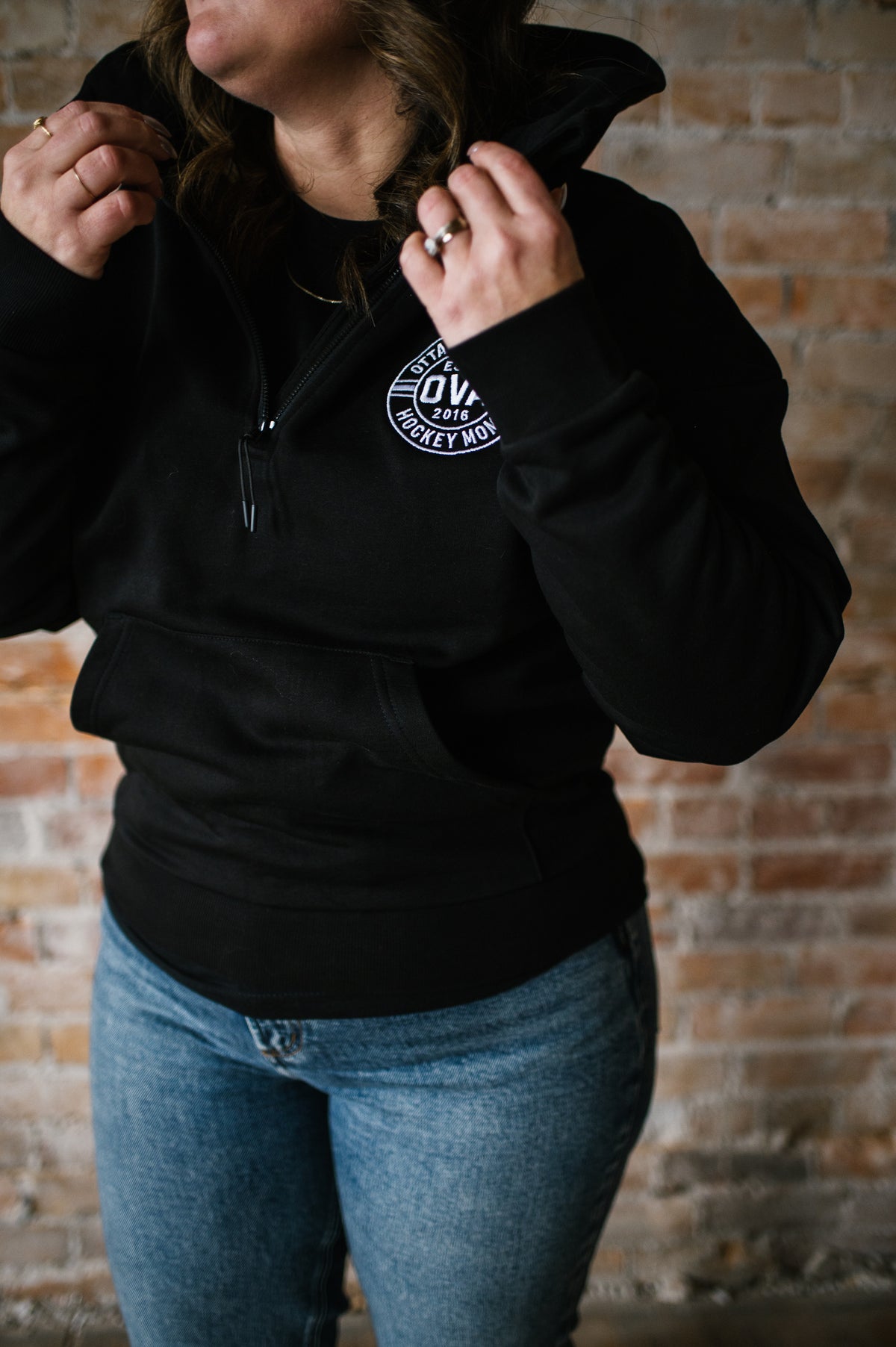 Hockey Mom Embroidered 1/2 Zip Hoodie - Black