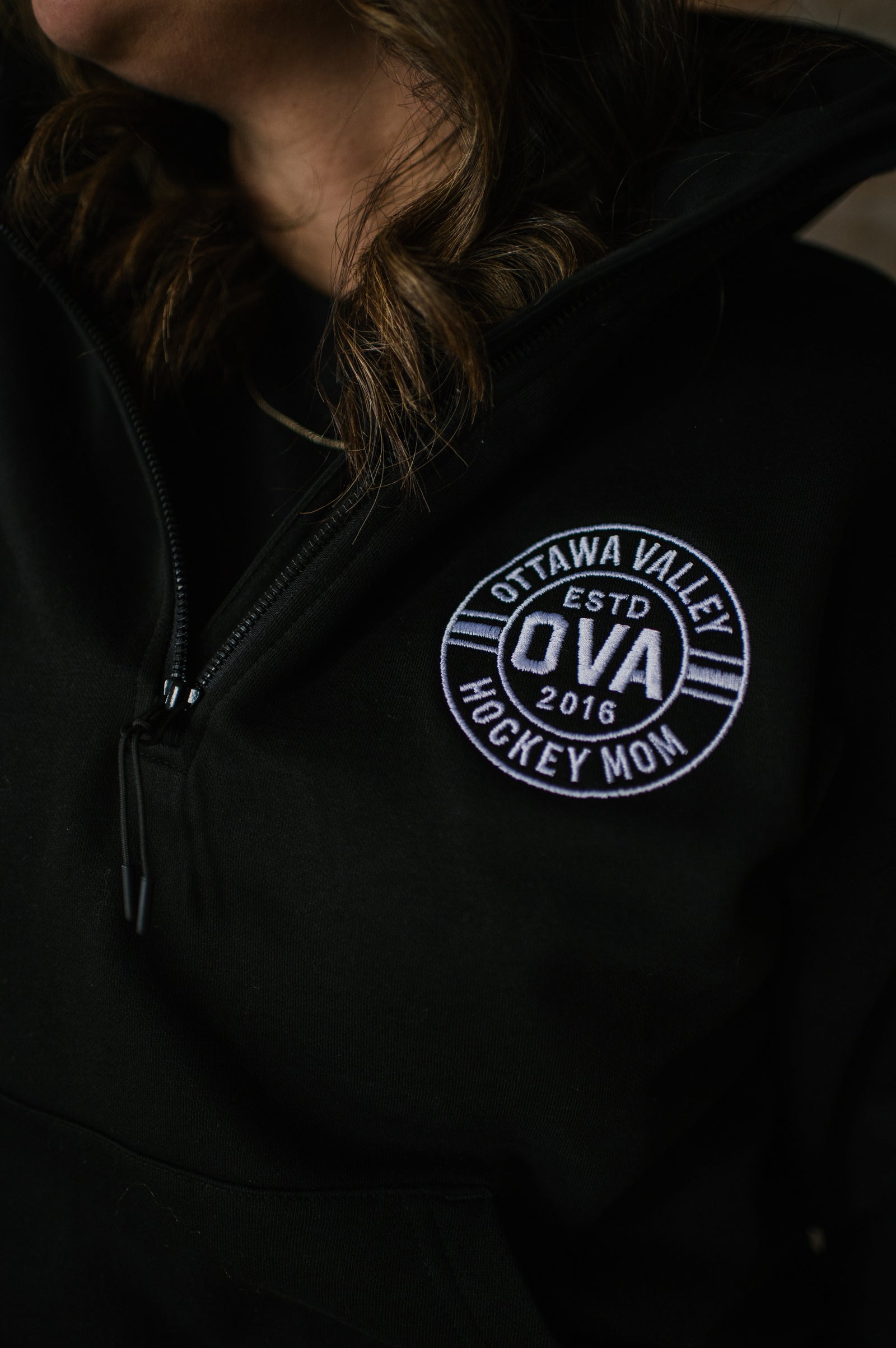 Hockey Mom Embroidered 1/2 Zip Hoodie - Black