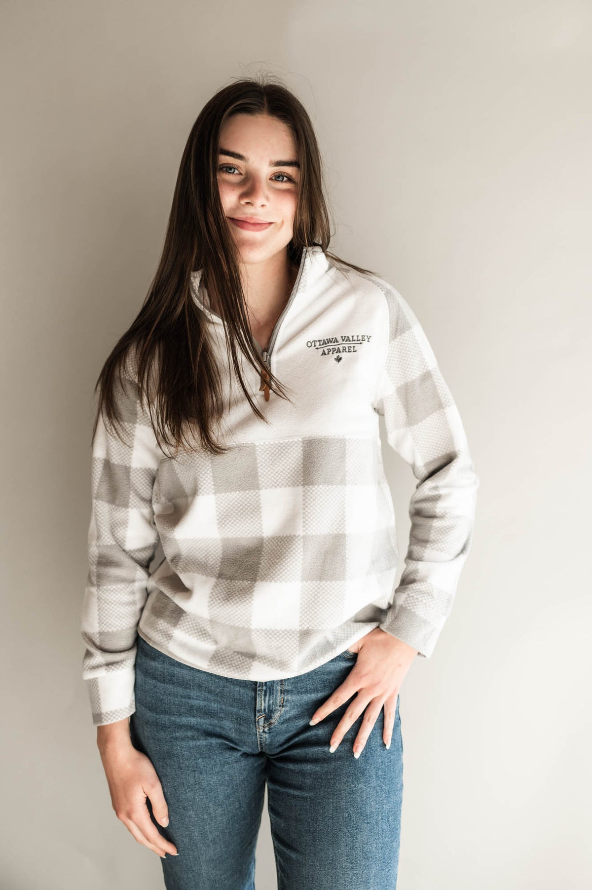 Ottawa Valley Apparel Plaid 1/4 Zip Pullover - Oxford Grey &amp; White