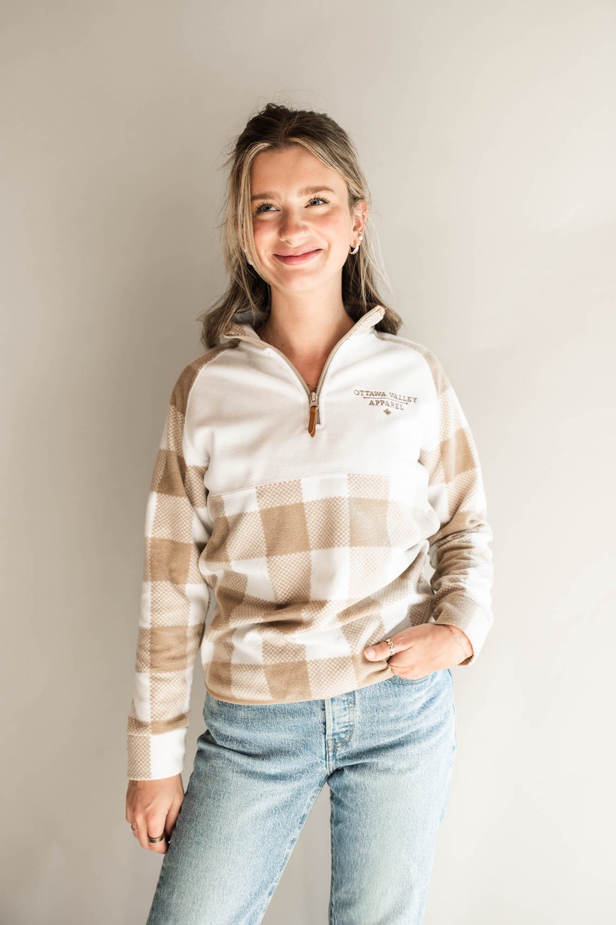 Ottawa Valley Apparel Plaid 1/4 Zip Pullover - Oxford Tan &amp; White