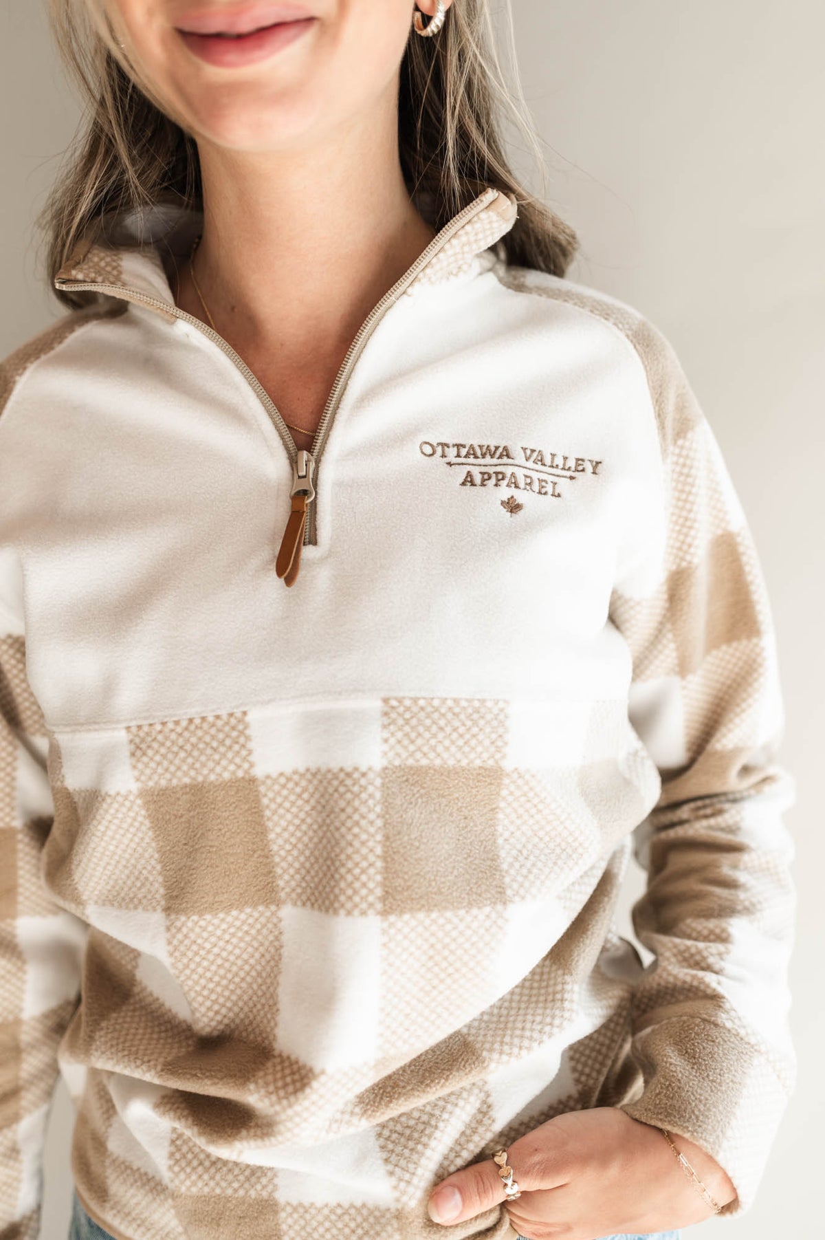 Ottawa Valley Apparel Plaid 1/4 Zip Pullover - Oxford Tan &amp; White