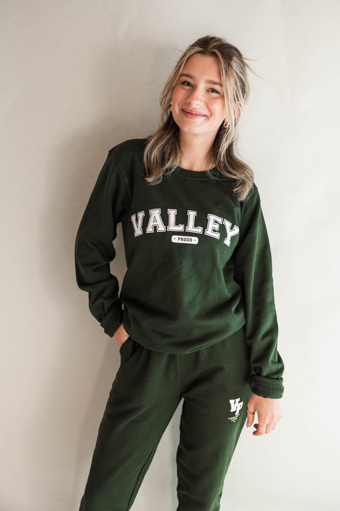 Valley Proud Varsity Crewneck Sweatshirt - Forest Green & White