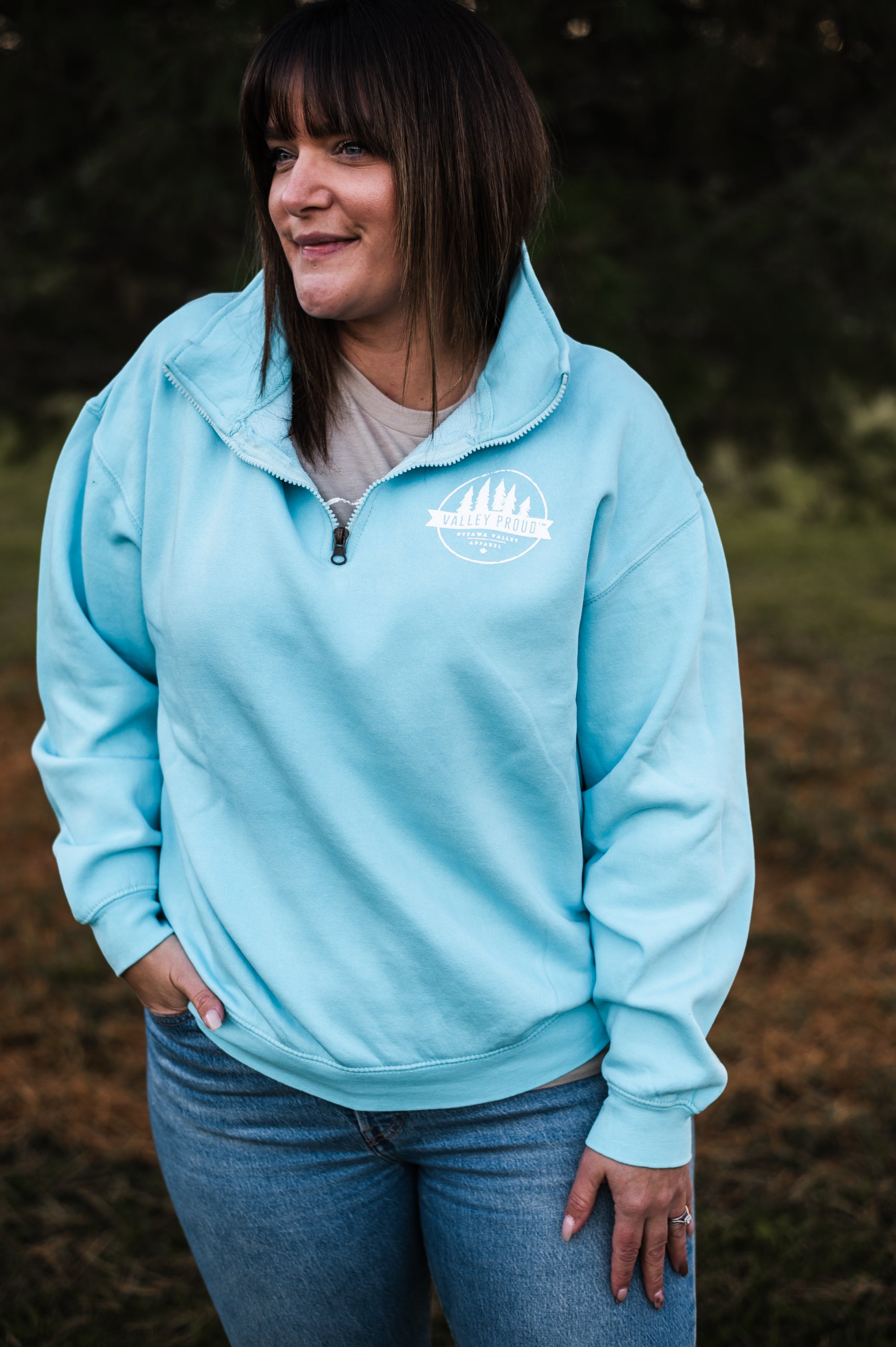 Valley Proud 1/4 Zip - Teal & White