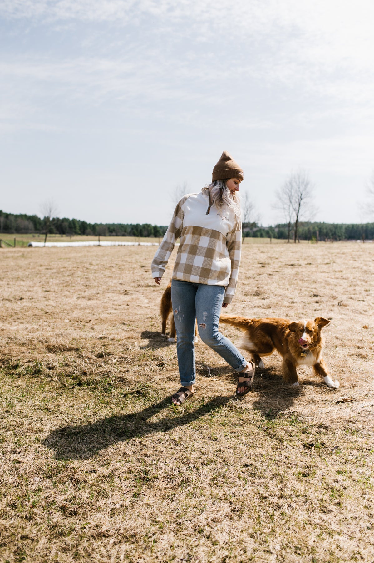 Ottawa Valley Apparel Plaid 1/4 Zip Pullover - Oxford Tan &amp; White