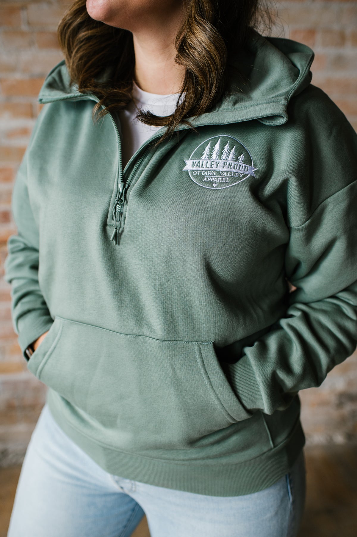 Valley Proud Embroidered 1/2 Zip Hoodie - Dusty Green