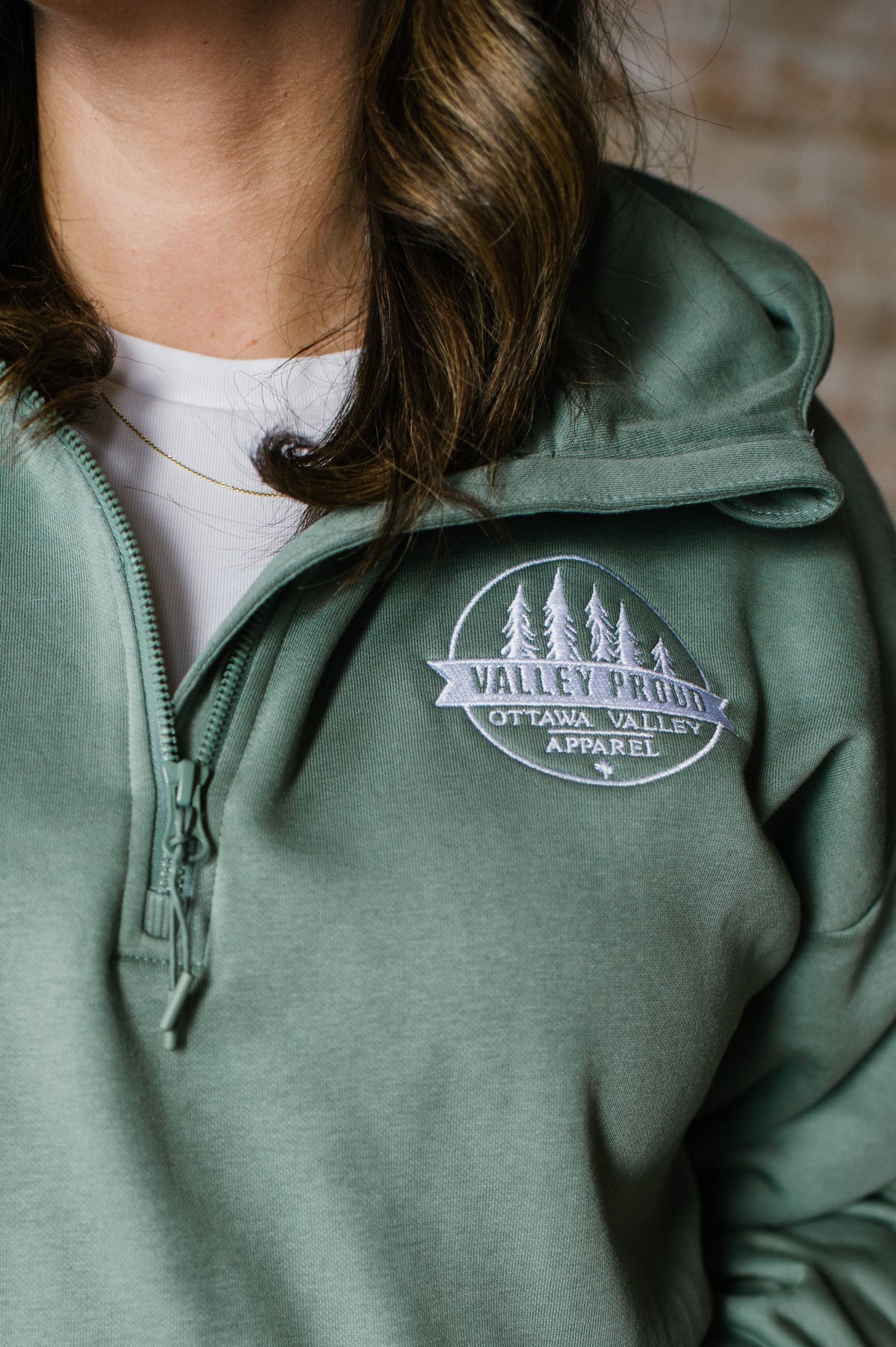 Valley Proud Embroidered 1/2 Zip Hoodie - Dusty Green