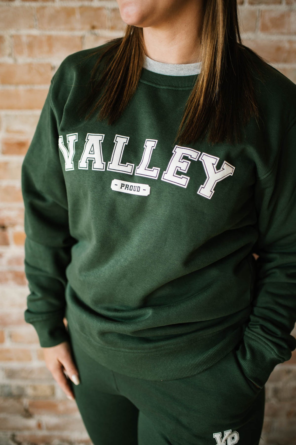 Valley Proud Varsity Crewneck Sweatshirt - Forest Green &amp; White