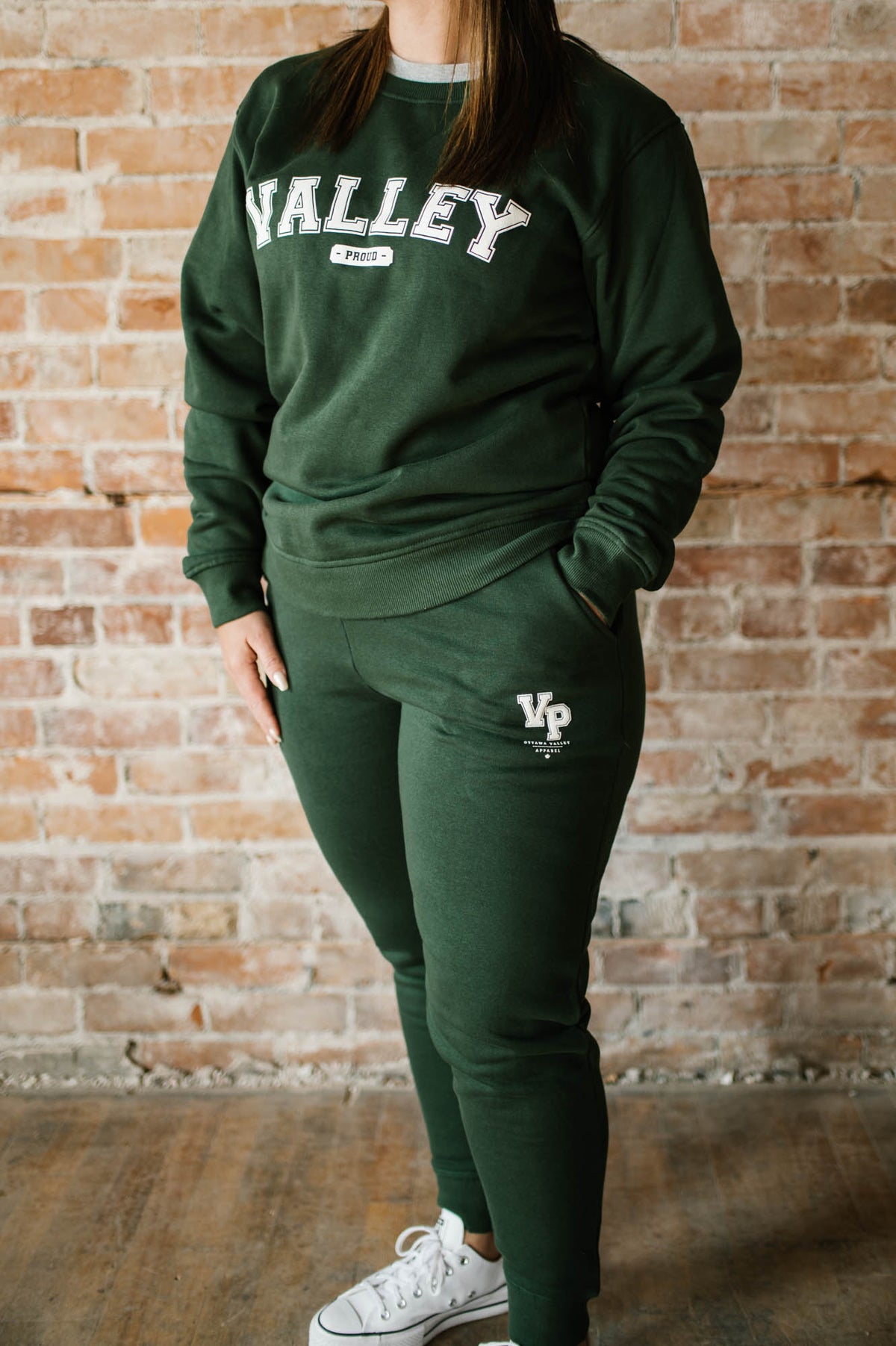 Valley Proud Varsity Crewneck Sweatshirt - Forest Green &amp; White