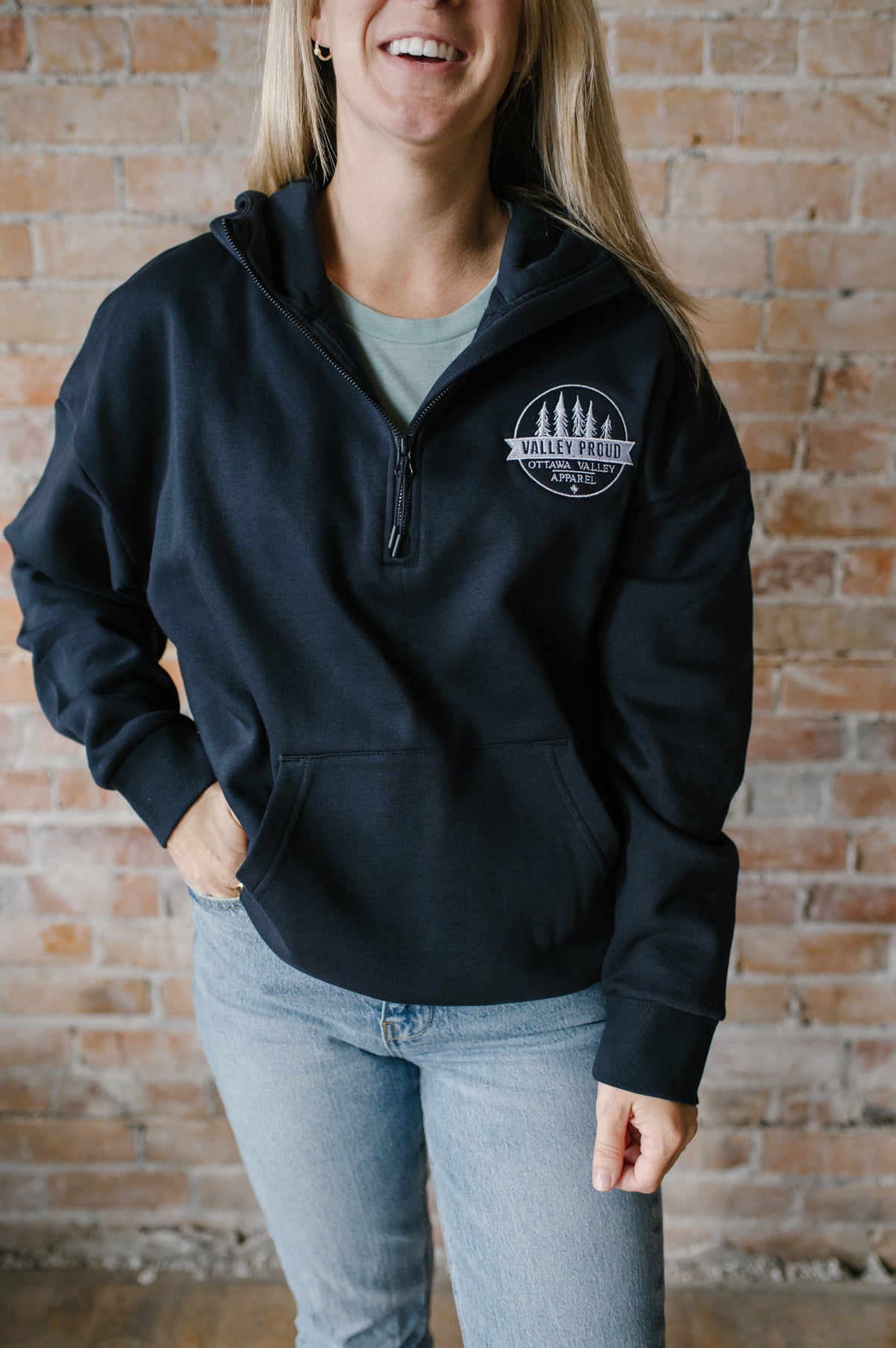 Valley Proud Embroidered 1/2 Zip Hoodie - Navy