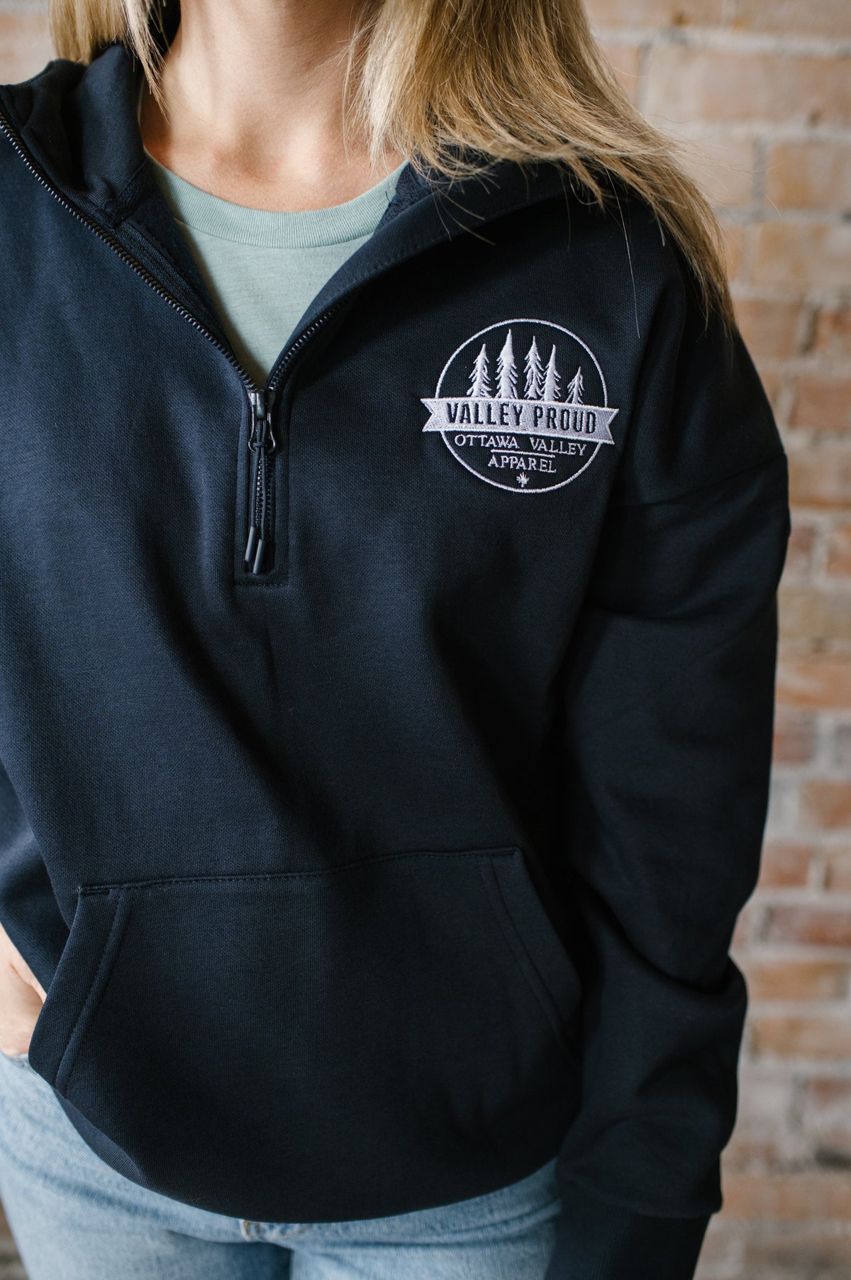 Valley Proud Embroidered 1/2 Zip Hoodie - Navy