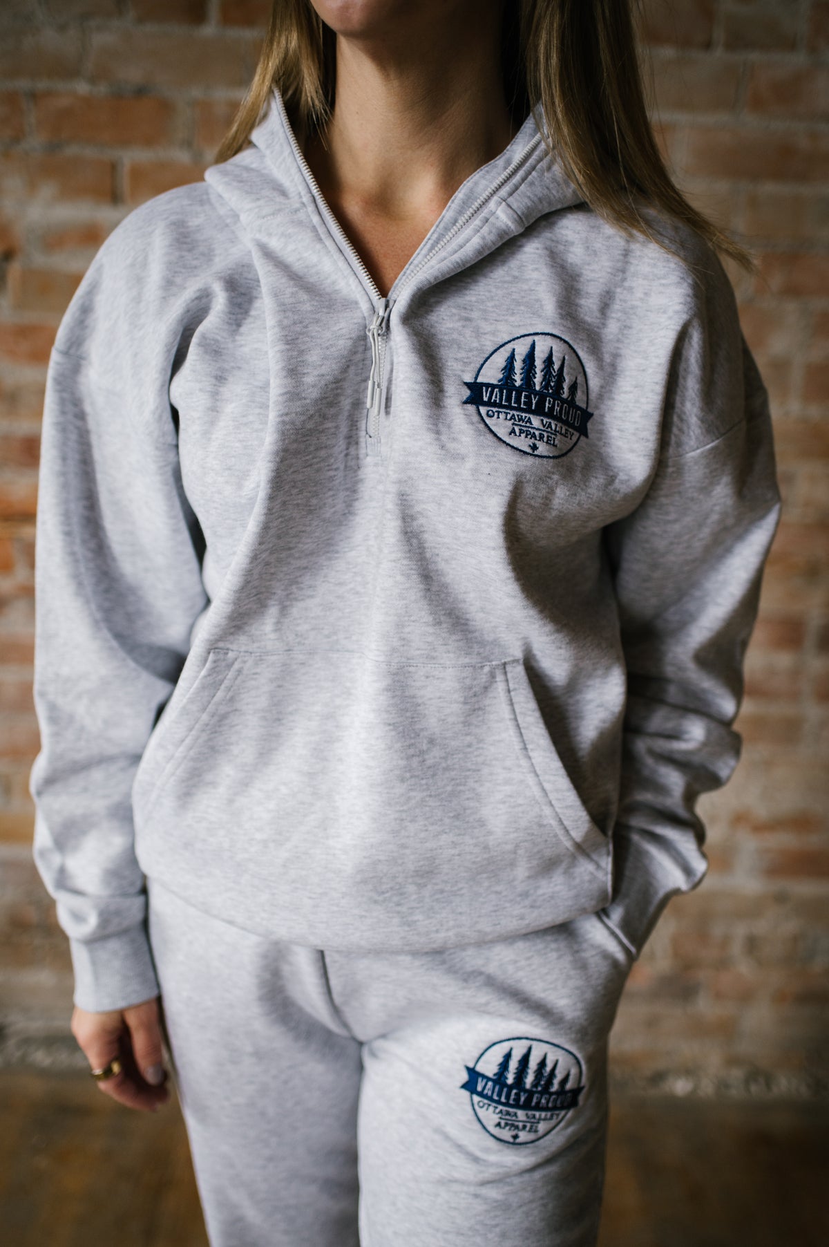Valley Proud Embroidered 1/2 Zip Hoodie - Heather Grey