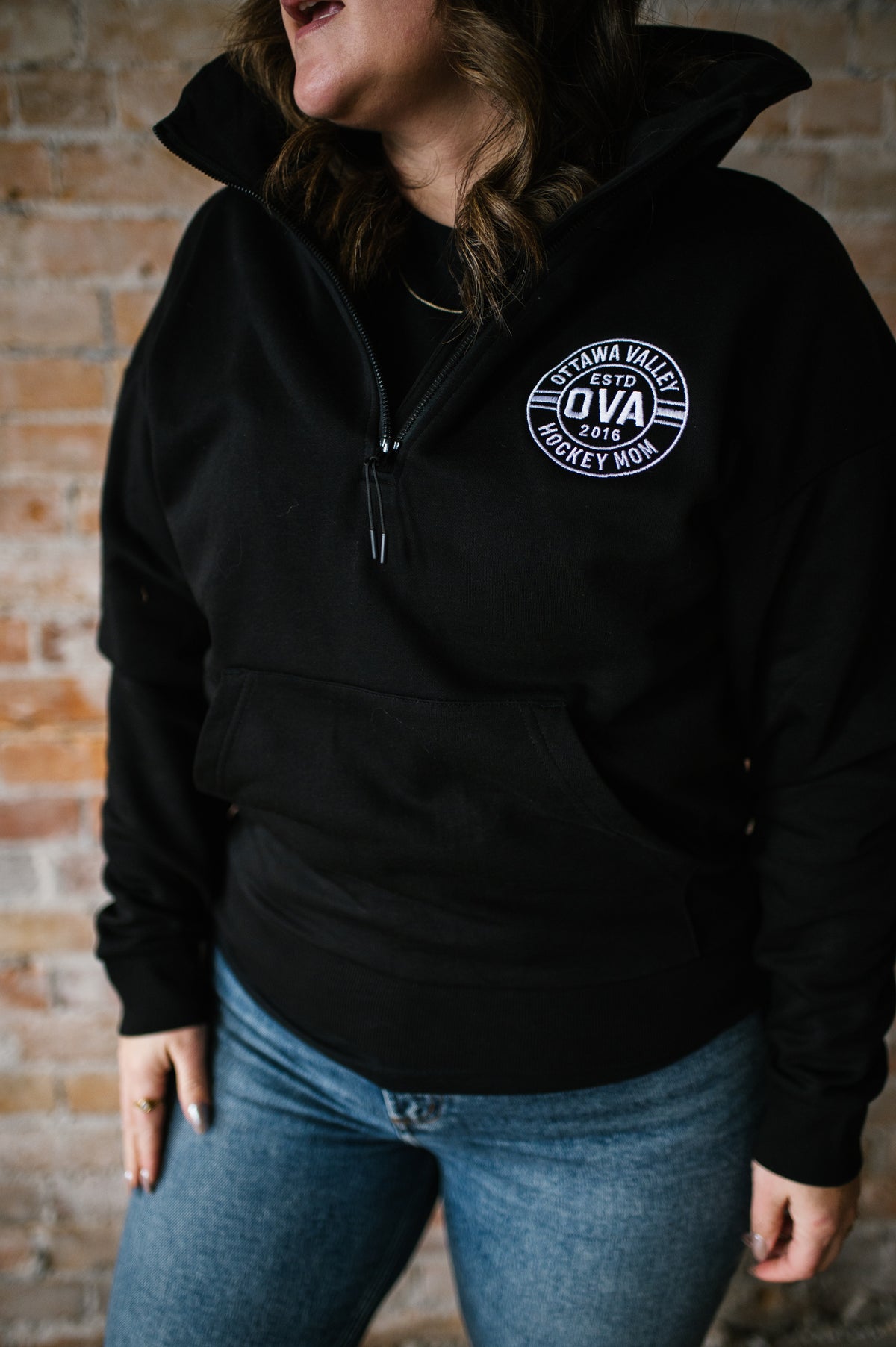 Hockey Mom Embroidered 1/2 Zip Hoodie - Black