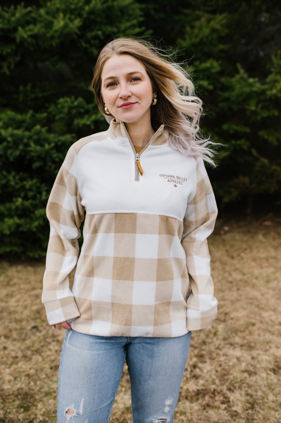 Ottawa Valley Apparel Plaid 1/4 Zip Pullover - Oxford Tan & White