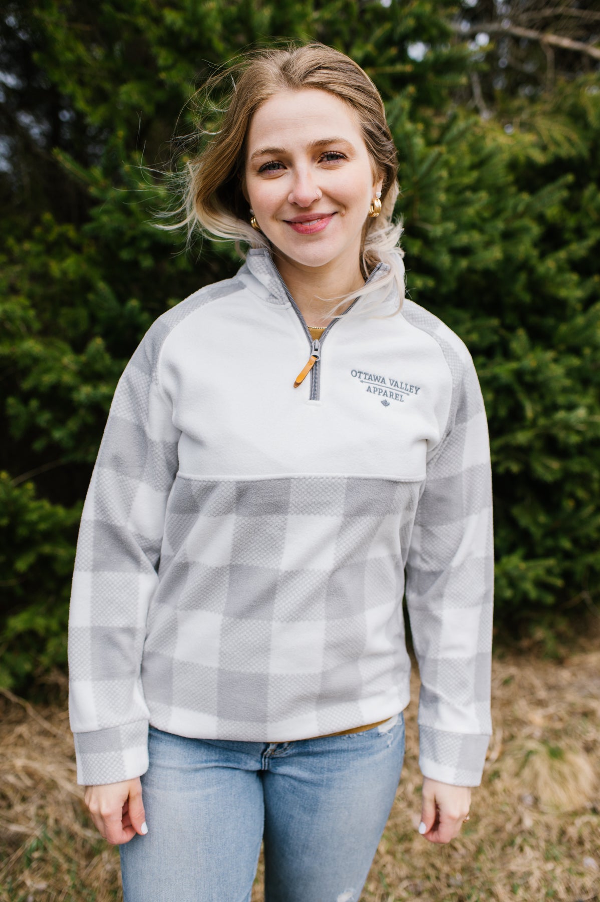 Ottawa Valley Apparel Plaid 1/4 Zip Pullover - Oxford Grey &amp; White