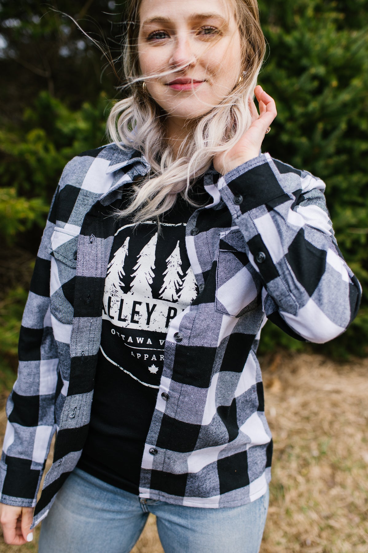 Valley Proud Women’s Flannel Shirt - White &amp; Black
